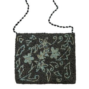 Moyna Y2K Beaded Floral Mini Shoulder Bag Brown Blue Embroidered Vintage Purse